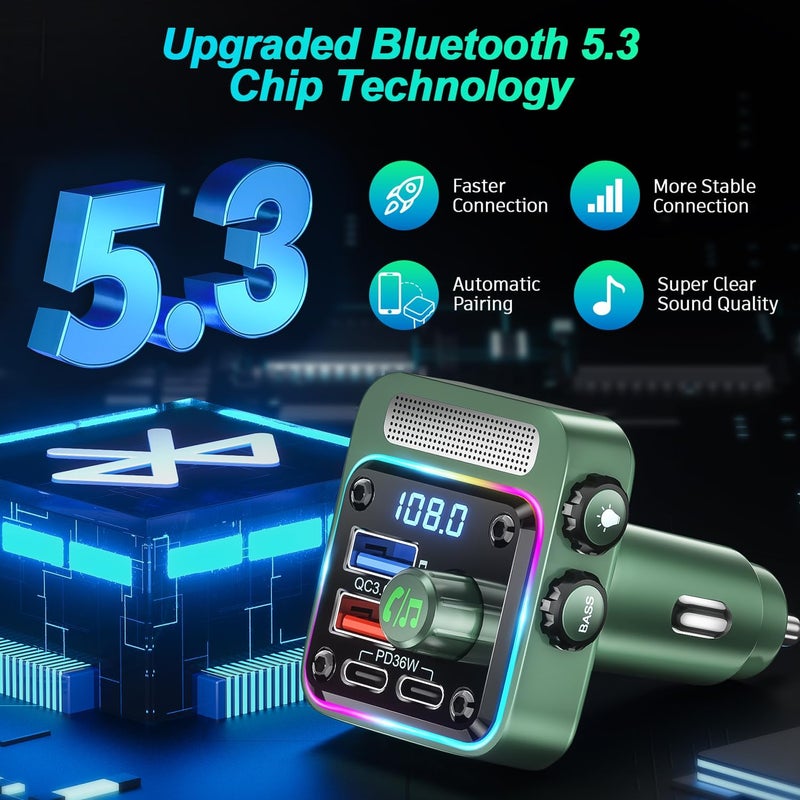 SONRU Bluetooth 5.3 FM Transmitter Car Adapter - Car Charger 54W [PD 36W & QC3.0 18W], Wireless FM Radio Transmitter [HiFi Treble & Bass Player], 5 Colors LED Backlit, Hands-Free Calling, U-Disk - Image 2